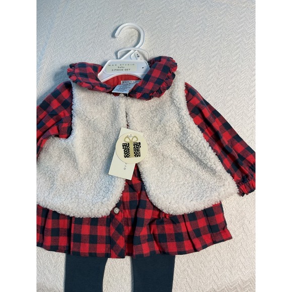 Max Studio Baby Girls Red Plaid Dress Sherpa Vest Leggings Outfit 3 Piece Set - Picture 1 of 10